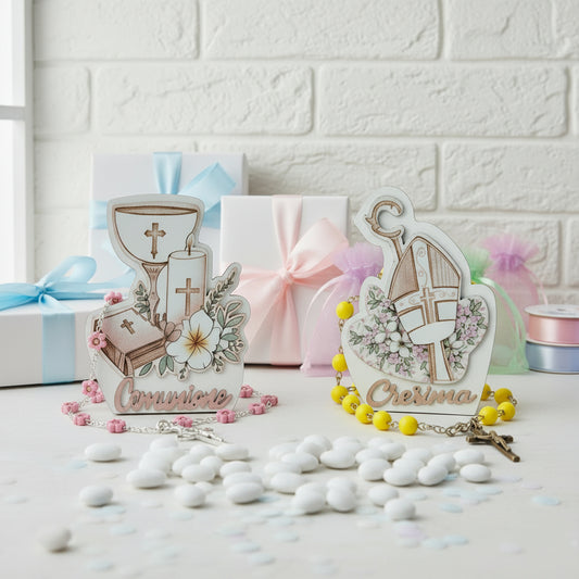 piantina legno icona bomboniere sacre religiose Santa Cresima simboli pastorale Mitria colomba Santo Giorno Prima Comunione calice spighe uva confezionata con Rosario di perle decina Croce metallo zama confetti bigliettino