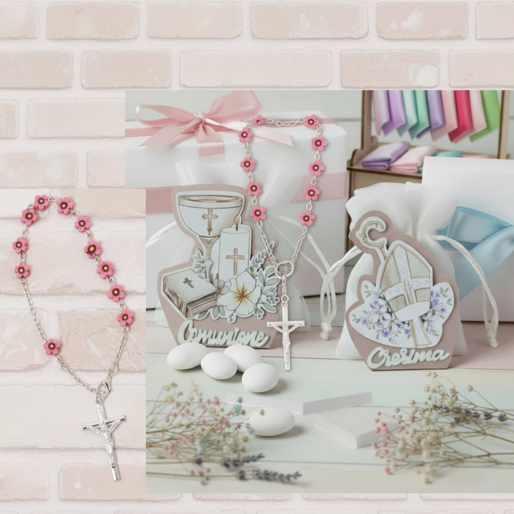 piantina legno icona bomboniere sacre religiose Santa Cresima simboli pastorale Mitria colomba Santo Giorno Prima Comunione calice spighe uva confezionata con Rosario di perle decina Croce metallo zama fiorellini rosa confetti bigliettino