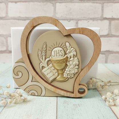 resina legno cuore Comunione Calice spighe uva simboli bomboniere sacre icone religiose pensierini ricordini