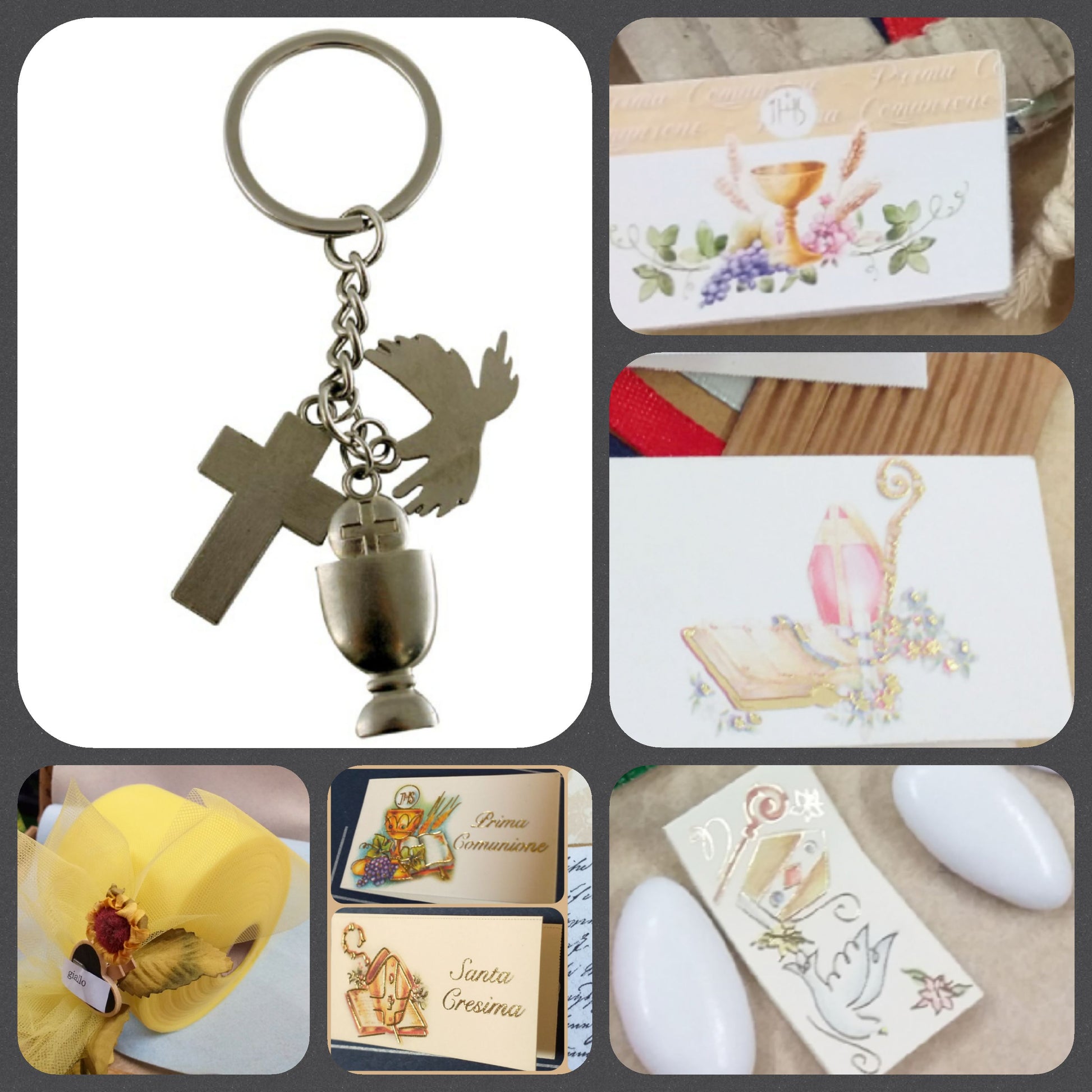 Portachiavi Croce Calice colomba Prima Comunione Santa Cresima insieme entrambe Santo Giorno bomboniere religiose sacre idee bigliettini con simboli