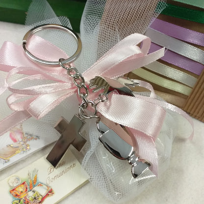Sacchetto con portachiavi Croce Calice colomba Prima Comunione Santa Cresima insieme entrambe cerimonie Santo Giorno bomboniere religiose sacre confezionamento rosa bianco bimba femminuccia colori scelta tulle e nastro