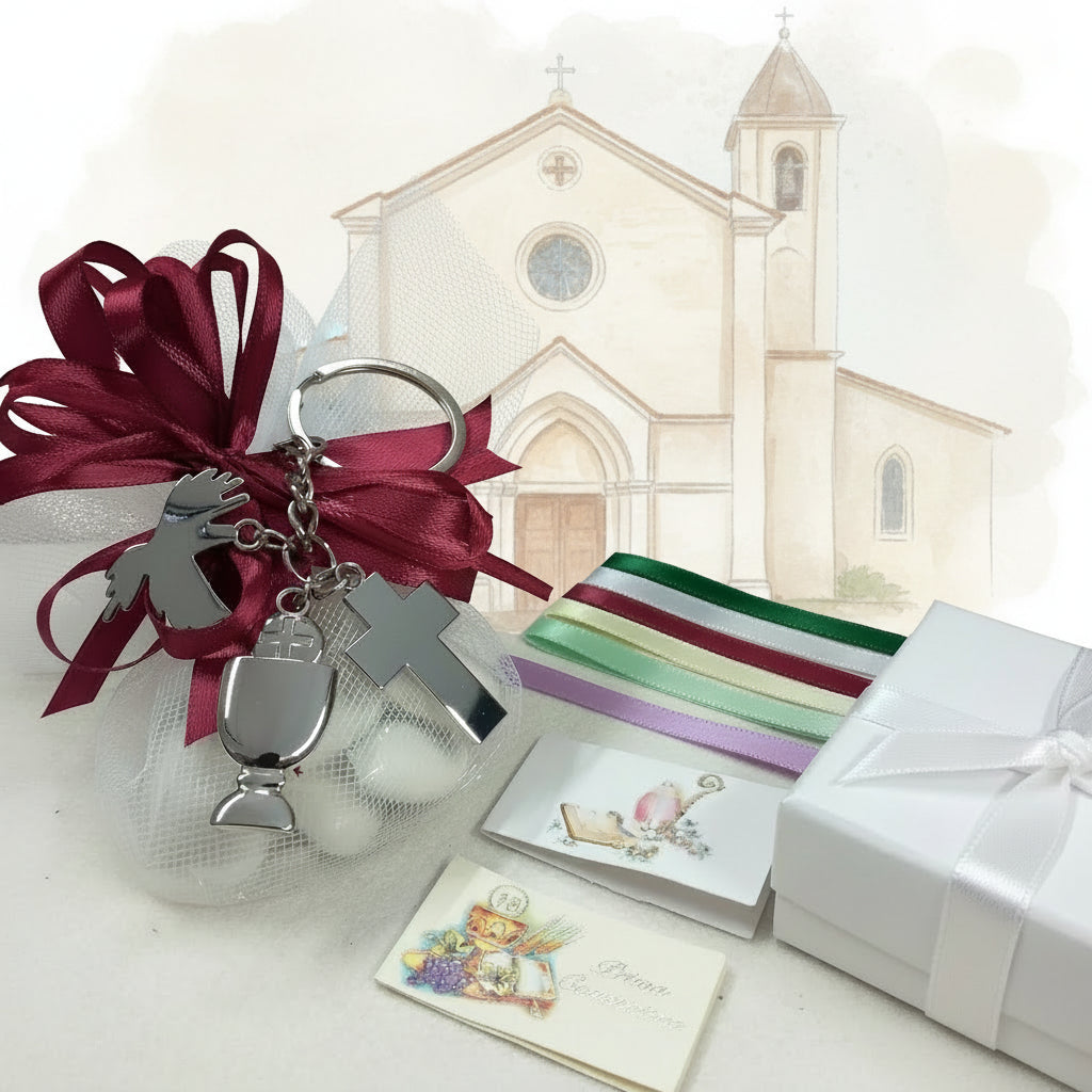 Sacchetto bianco bordeaux con portachiavi Croce Calice colomba Prima Comunione Santa Cresima insieme entrambe cerimonie Santo Giorno bomboniere religiose sacre confezionamento bordeaux bianco bimba bambino colori scelta tulle e nastro