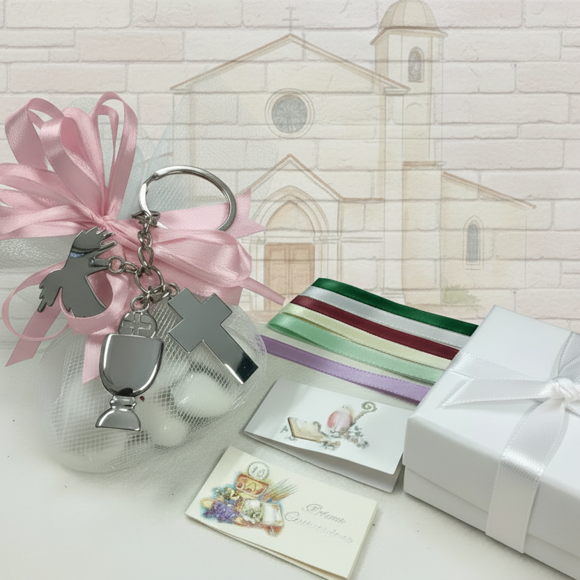 Sacchetto bianco e rosa con portachiavi Croce Calice colomba Prima Comunione Santa Cresima insieme entrambe cerimonie Santo Giorno bomboniere religiose sacre confezionamento rosa bianco bimba femminuccia colori scelta tulle e nastro