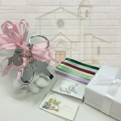 Sacchetto bianco e rosa con portachiavi Croce Calice colomba Prima Comunione Santa Cresima insieme entrambe cerimonie Santo Giorno bomboniere religiose sacre confezionamento rosa bianco bimba femminuccia colori scelta tulle e nastro