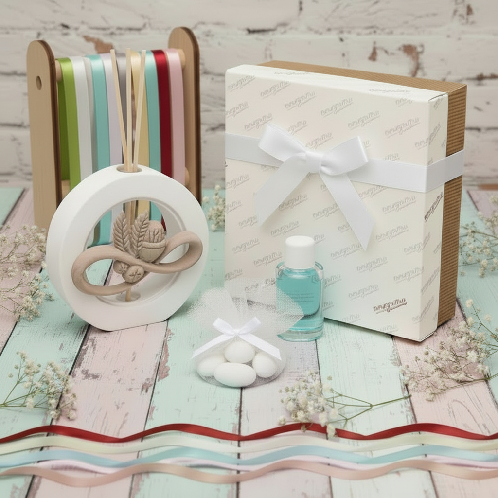 packaging bianco per icone originali bomboniere diffusore profumatore d'ambiente Prima Comunione Santa Cresima oggetto resina ceramica bianco beige terracotta simboli Calice pane spighe bastoncini di midollino essenza scatola ciuffo pompon sacchetto confezione confetti nastrini colorati da scegliere