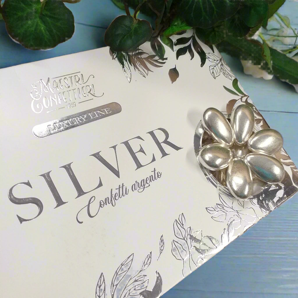 Maestri confettieri 1969 Italian confetti mandorla maxtris silver 25° anniversario matrimonio luxury line nozze d'argento venticinquesimo fai da te confettata bomboniere sacchettini