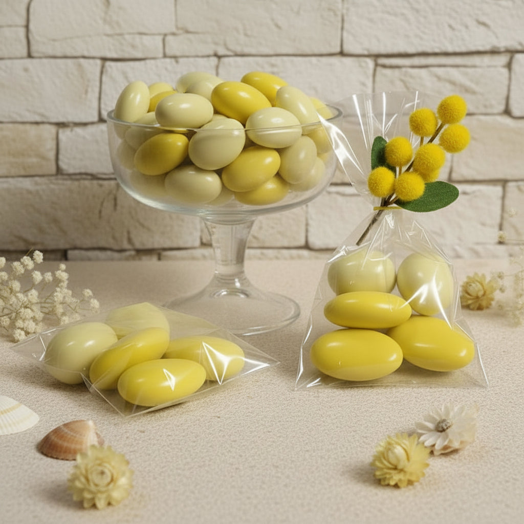 bustina sacchetto confezionato mimosa finta artificiale confezioni confetti gialli cioccolato e gusto limone cioccomandorla ricordino pensierino gadget regalino festa della donna bomboniere