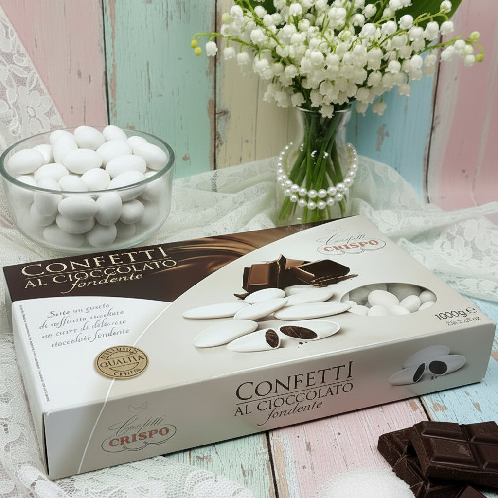 confetti italiani cioccolato fondente crispo bianchi per fai da te bomboniere e confettata consigliati battesimo cresima prima comunione nascita babyshower matrimonio anniversario degustazione e confezionamento sacchetti