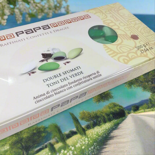 scatola di Papa confetti dragée double cioccolato fondente ricoperti di cioccolato bianco confettatura sottile sfumati verdi 500 g gluten free uso confettata fai da te bomboniere portaconfetti confezionare
