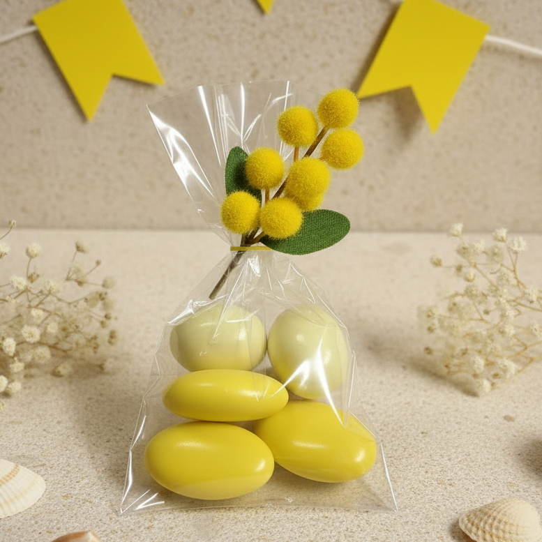 bustina sacchetto confezionato mimosa finta artificiale confezioni confetti gialli cioccolato e gusto limone cioccomandorla ricordino pensierino gadget regalino festa della donna bomboniere
