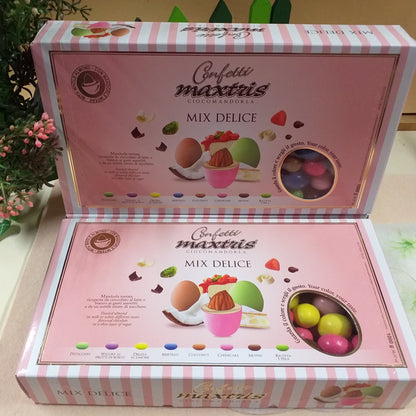 Mix delice Maxtris mandorle intere gusti pistacchio yogurt frutti bosco delizia limone mirtillo cocconut cheescake muffin ricotta pera cioccolato latte-bianco mandorla ciocomandorla confetti gusti misti frutta uso confettata matrimonio battesimo cresima comunione compleanno fai da te bomboniere
