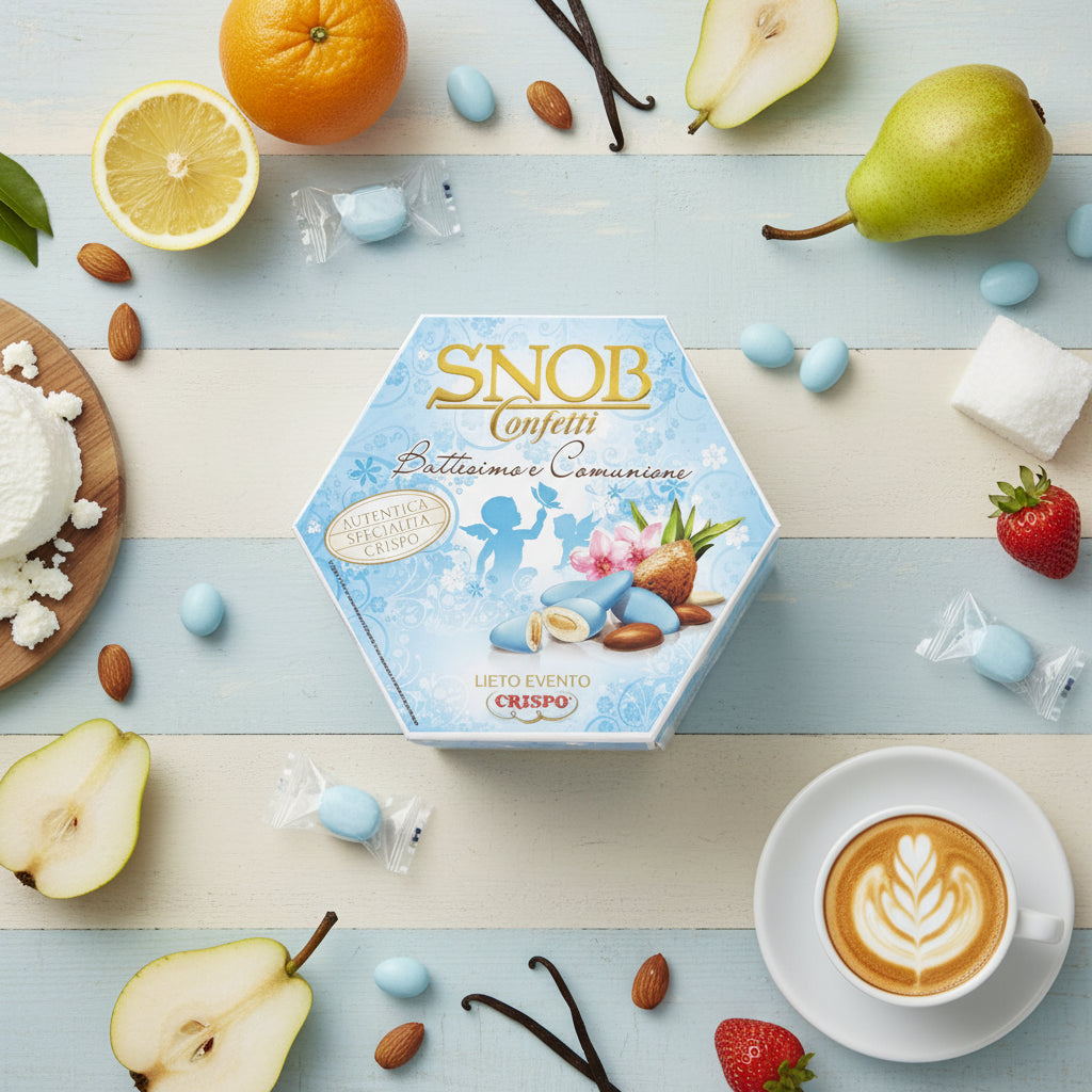 azzurro celeste bambino maschietto Battesimo nascita Comunione ciocco-mandorla Snob lieto evento Crispo Italian confetti Bon Bon cioccolato bianco confettato zucchero incartati singolarmente uno ad uno 8 gusti assortiti arancia fragola ricotta pera cappuccino frutta di cocco
