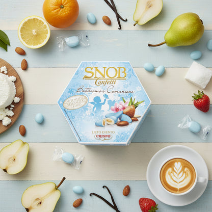 azzurro celeste bambino maschietto Battesimo nascita Comunione ciocco-mandorla Snob lieto evento Crispo Italian confetti Bon Bon cioccolato bianco confettato zucchero incartati singolarmente uno ad uno 8 gusti assortiti arancia fragola ricotta pera cappuccino frutta di cocco
