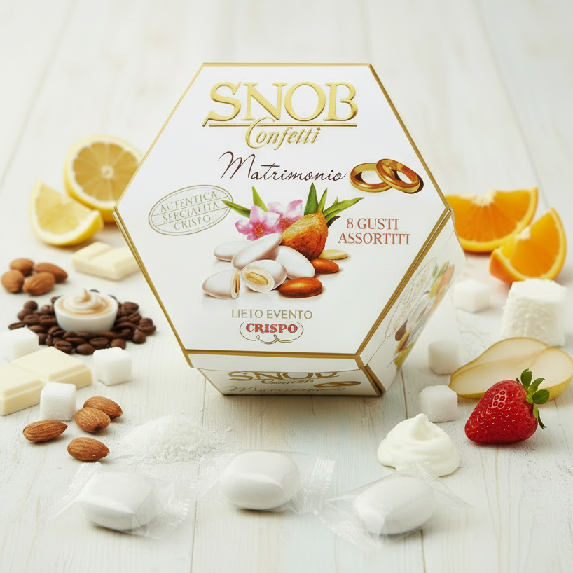 ciocco-mandorla Snob lieto evento Crispo Italian confetti made in italy bianchi Bon Bon cioccolato bianco confettato zucchero incartati singolarmente uno ad uno 8 gusti assortiti arancia fragola ricotta pera cappuccino frutta di cocco