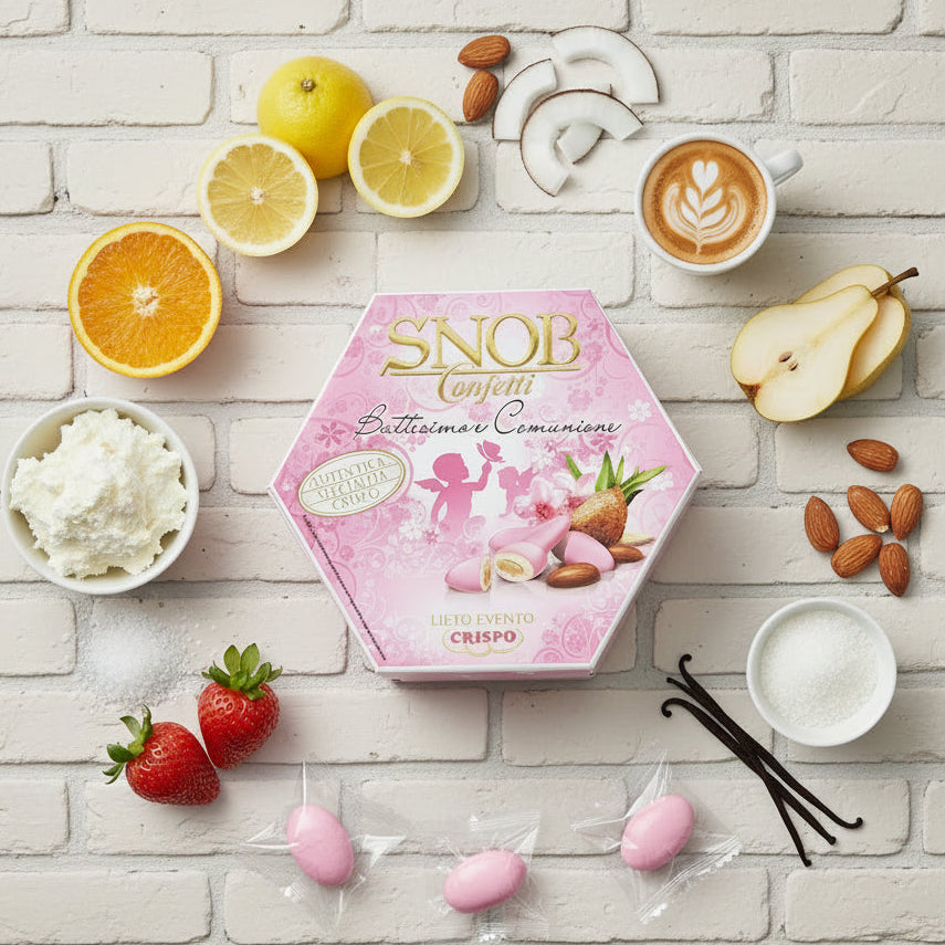 rosa bambina femminuccia battesimo nascita comunione ciocco-mandorla Snob lieto evento Crispo Italian confetti Bon Bon cioccolato bianco confettato zucchero incartati singolarmente uno ad uno 8 gusti assortiti arancia fragola ricotta pera cappuccino frutta di cocco
