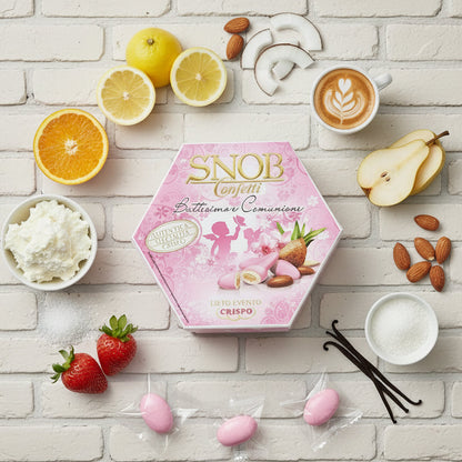 rosa bambina femminuccia battesimo nascita comunione ciocco-mandorla Snob lieto evento Crispo Italian confetti Bon Bon cioccolato bianco confettato zucchero incartati singolarmente uno ad uno 8 gusti assortiti arancia fragola ricotta pera cappuccino frutta di cocco
