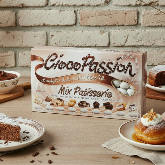 ciocopassion Crispo il confetto dal cuore tenero mix patisserie cioccolato al latte e cioccolato bianco gusto pasticceria millefoglie mousse al cioccolato tiramisù sfogliatella torta cubana e caprese babà con panna e stracciatella