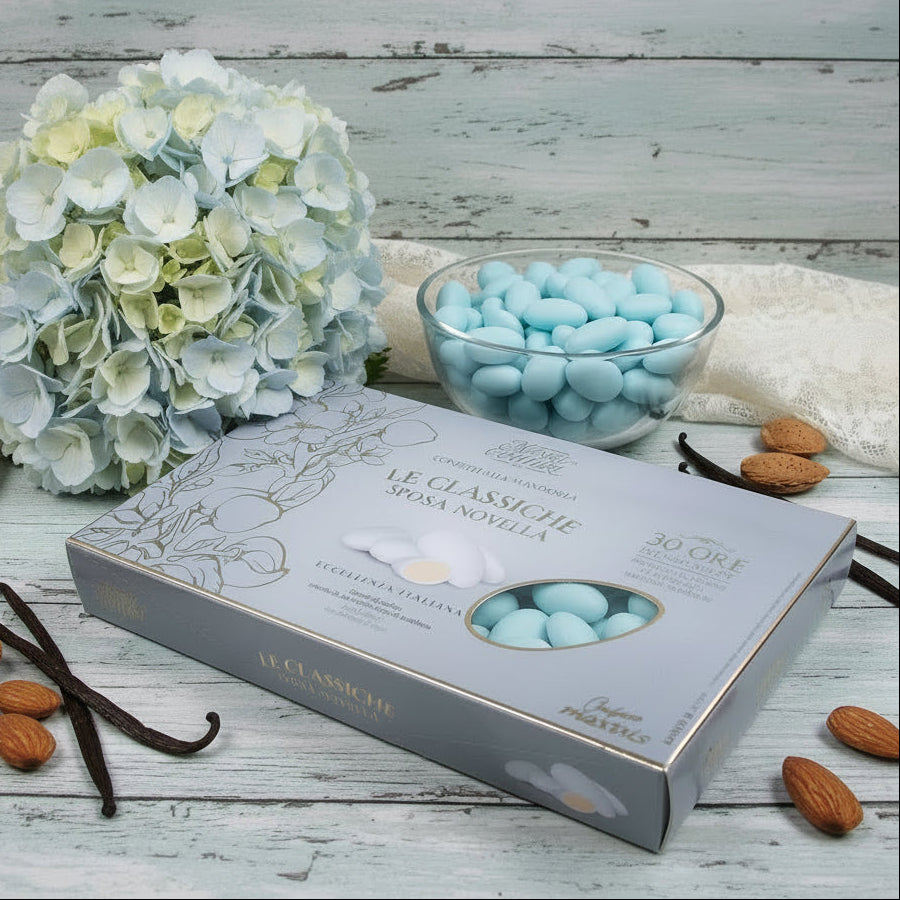 bonbon celesti azzurri Sposa Novella Maestri confettieri Maxtris confetti italiani al kg mandorla classica spagnola uso fai da te bomboniere alta resa confettata confezionamento sacchetti matrimonio Comunione Battesimo nascita babyshower