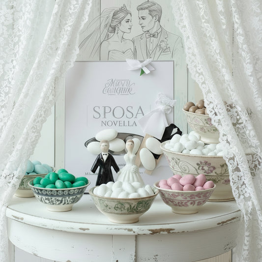 Sposa novella Maxtris confetti italiani al kg rosa celesti azzurri bianchi verdi- tiffani-chiaro avola tortora colorati mandorla classica uso fai da te bomboniere alta resa confettata confezionamento sacchetti matrimonio con miniature abiti sposi Comunione Battesimo nascita
