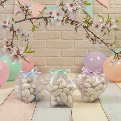 confetti maxtris eccellenza italiana incartati singolarmente 1 ad 1 mandorla spagnola pelata bianchi confezionati scatolina plastica stella cuore cubo confettata matrimonio comunione battesimo cresima