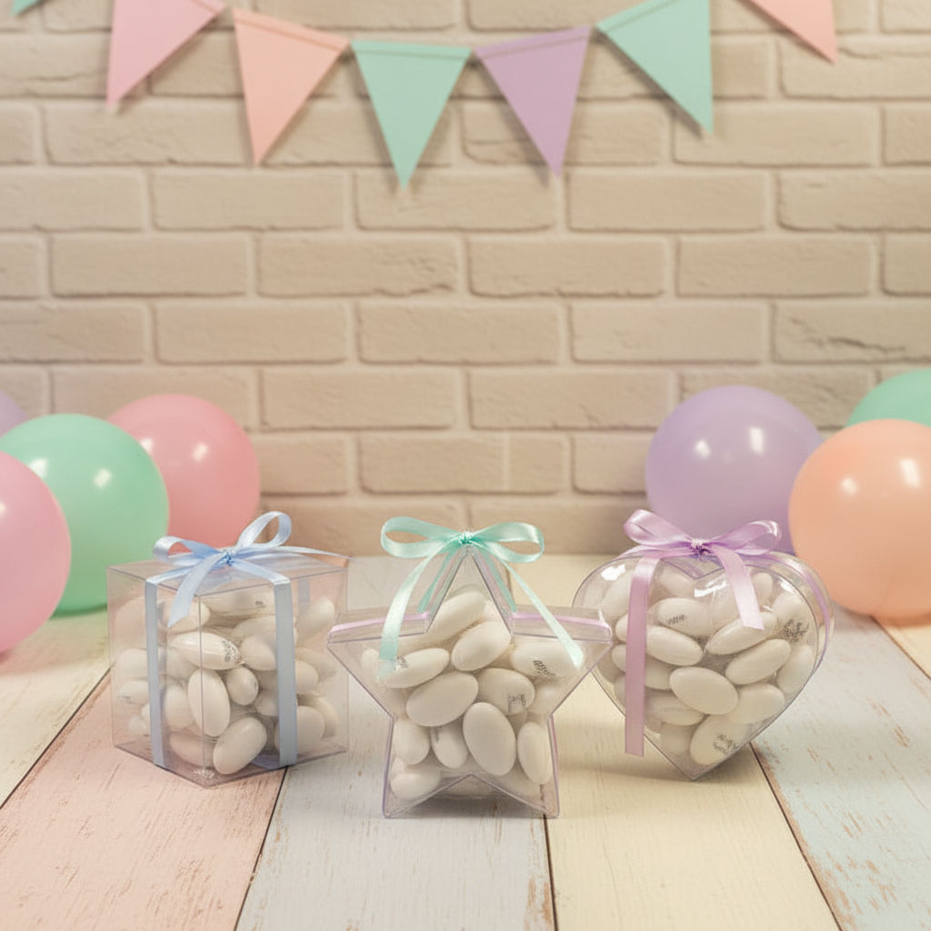 confetti maxtris eccellenza italiana incartati singolarmente 1 ad 1 mandorla spagnola pelata bianchi confezionati scatolina plastica stella cuore cubo confettata matrimonio comunione battesimo cresima