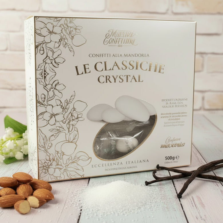 confetti maxtris 500 g vassoio eccellenza italiana incartati singolarmente mandorla spagnola pelata bianchi prodotti in bassine di rame con vaniglia bourbon le classiche crystal