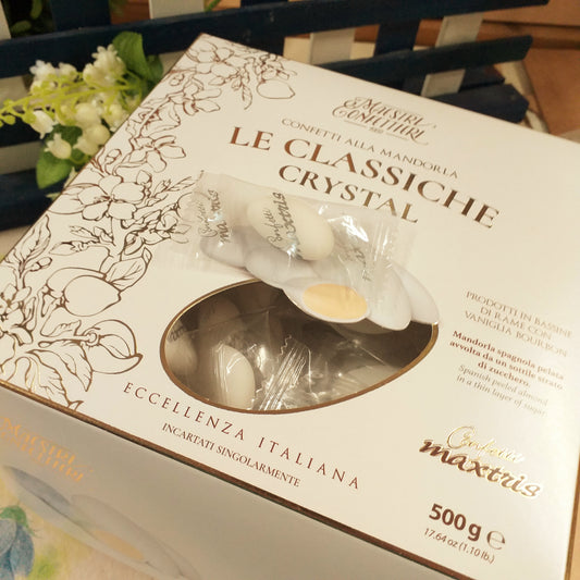 confetti maxtris 500 g vassoio eccellenza italiana incartati singolarmente mandorla spagnola pelata bianchi prodotti in bassine di rame con vaniglia bourbon le classiche crystal