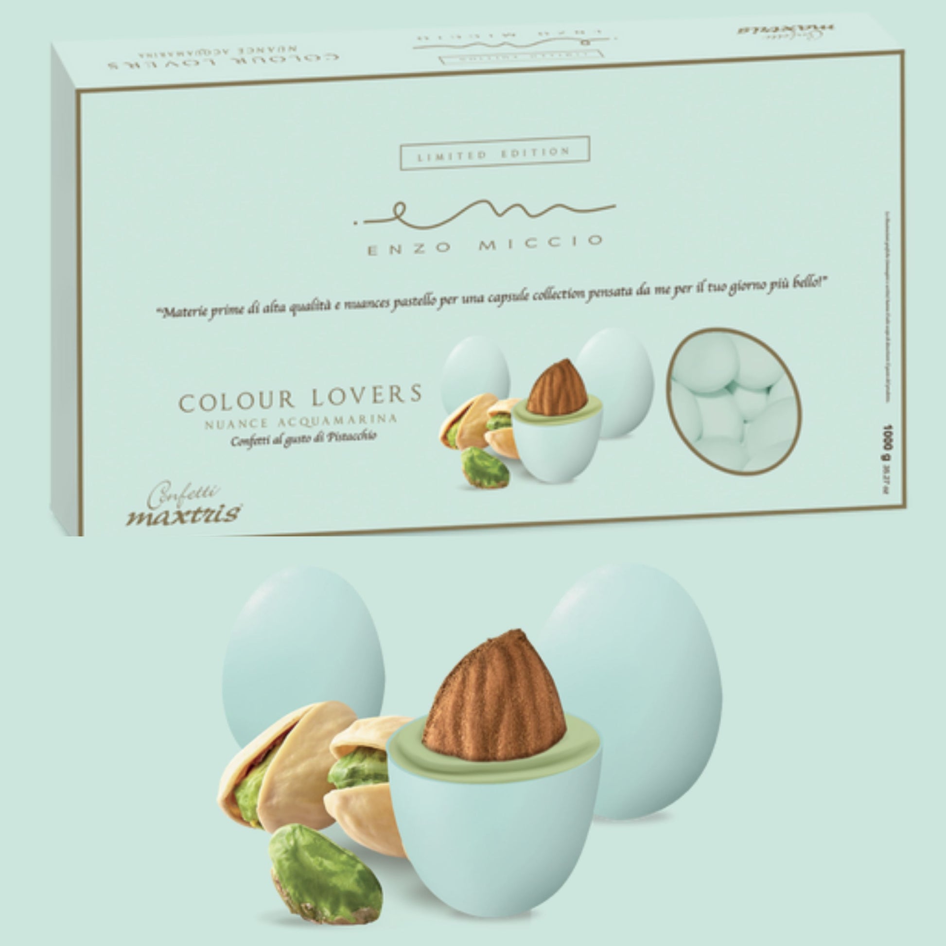 Enzo Miccio limited edition tiffani-acquamarina colour lovers gusto pistacchio Maxtris senza glutine cioccolato bianco e mandorla cioccomandorla confetti gusti frutta uso confettata matrimonio battesimo cresima comunione compleanno fai da te bomboniere