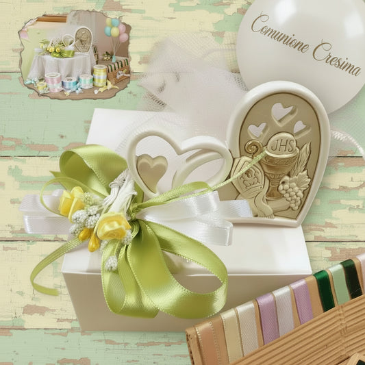 verde bianco confezionamento artigianale icona cuore comunione cresima insieme bomboniera sacra religiosa ricordino simboli mitria calice