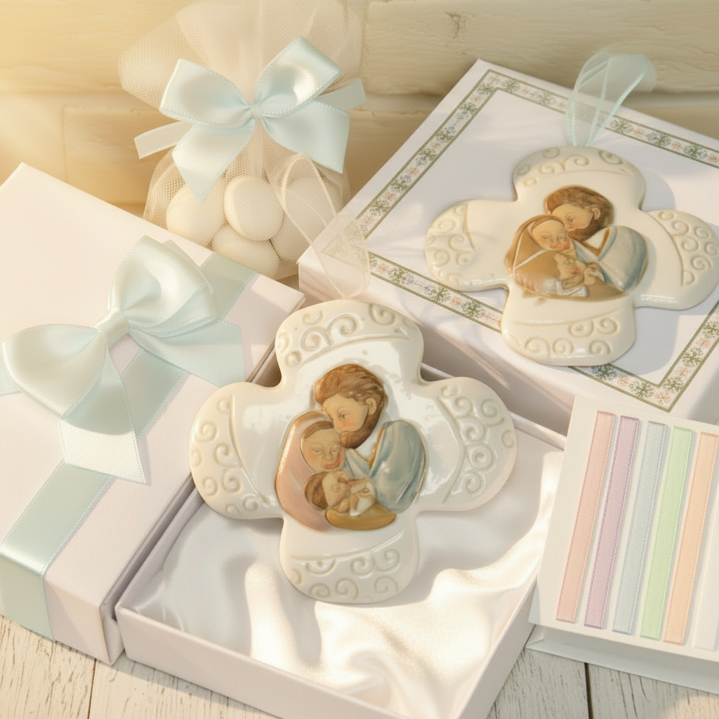 confezionamento artigianale icona Croce Comunione Cresima insieme bomboniera sacra religiosa ricordino Sacra Famiglia di porcellana da appendere confezionata confetti tulle scatola astuccio e packaging maschio ragazzo azzurro pastello