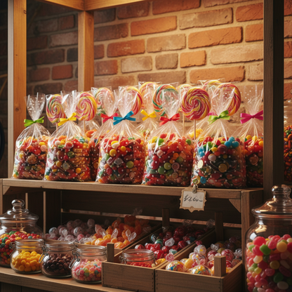 idea allestimento candy bar matrimonio eventi Comunione Battesimo con confezioni caramelle dolci confetti con sacchettini trasparenti pois bianchi per confettata e gelatine