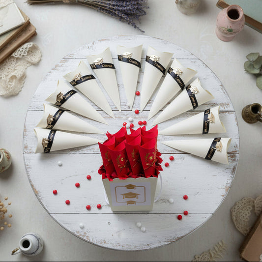 cono rosso alloro dorato bianco portaconfetti laurea tocco cappello scritta uso confettata bomboniere confezionamento confetti packaging caramelle regalini allestimento party stile provenzale shabby