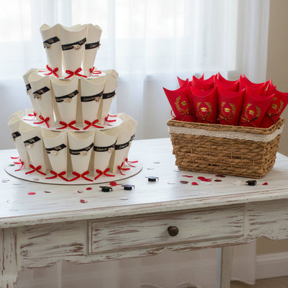 cono rosso alloro dorato bianco portaconfetti laurea tocco cappello scritta uso confettata bomboniere confezionamento confetti packaging caramelle regalini allestimento party stile provenzale shabby piccole decorazioni idee aprifesta