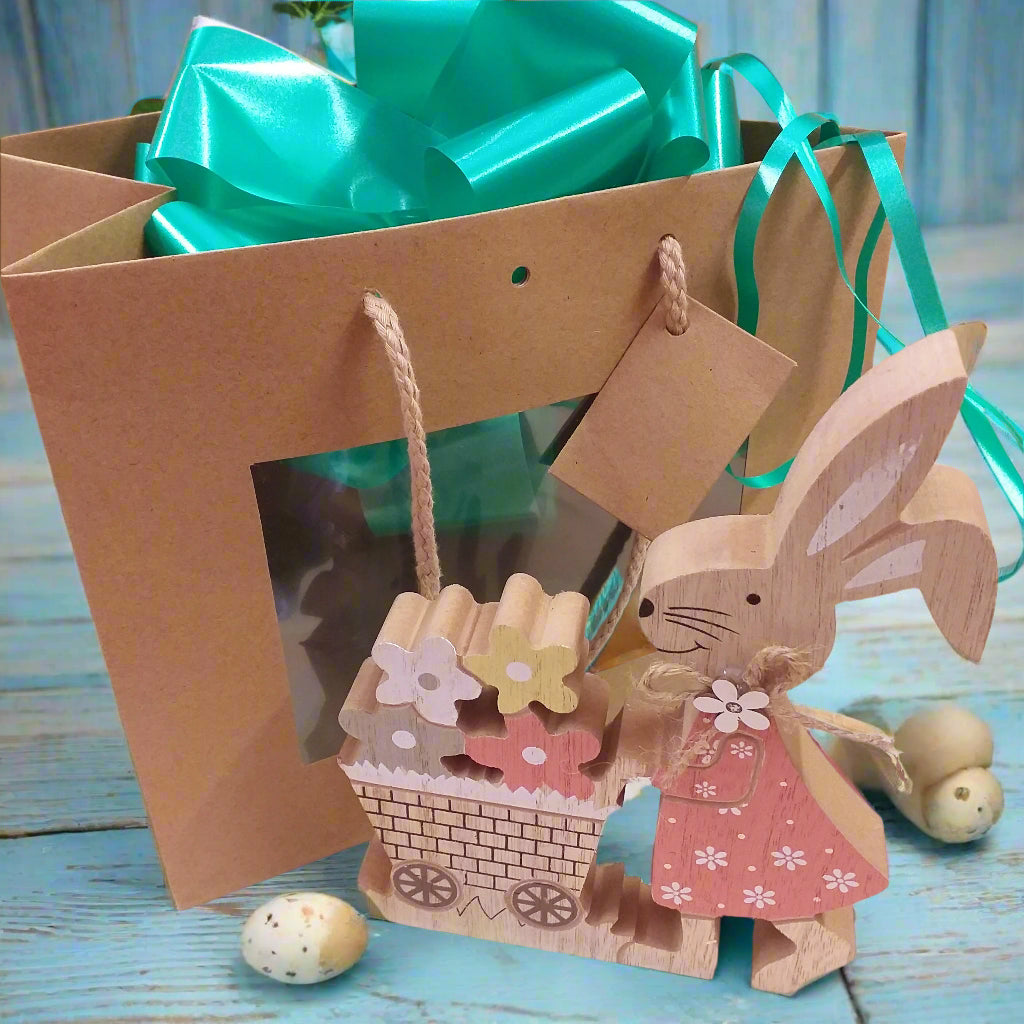 kit sportina borsa carta regalo applicazione coniglietta legno carriola fiori decorazioni pasquali addobbi kit fai da te vetrina e arredamento casa