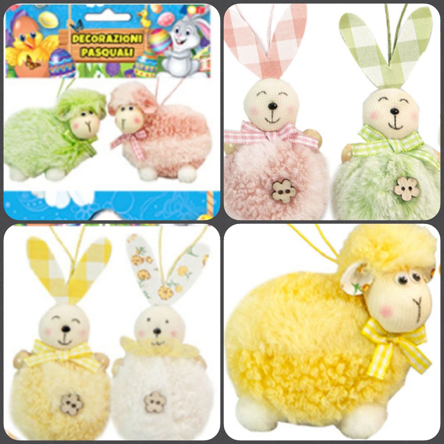 pecora coniglietto bambole di pezza stoffa peluche addobbi decorazioni per albero pasquale da appendere vetrinistica packaging chiudipacco confezioni regalo