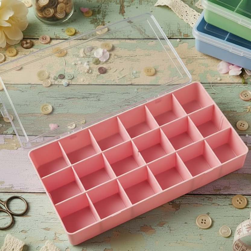 primo piano attrezzi bijoux scatola aperta organizer contenitori vuoti porta perline 18 scomparti divisori per  materiali hobby bigiotteria cucito creativo valigetta di plastica trasparente acrilica plexiglass base colore rosa verde azzurro