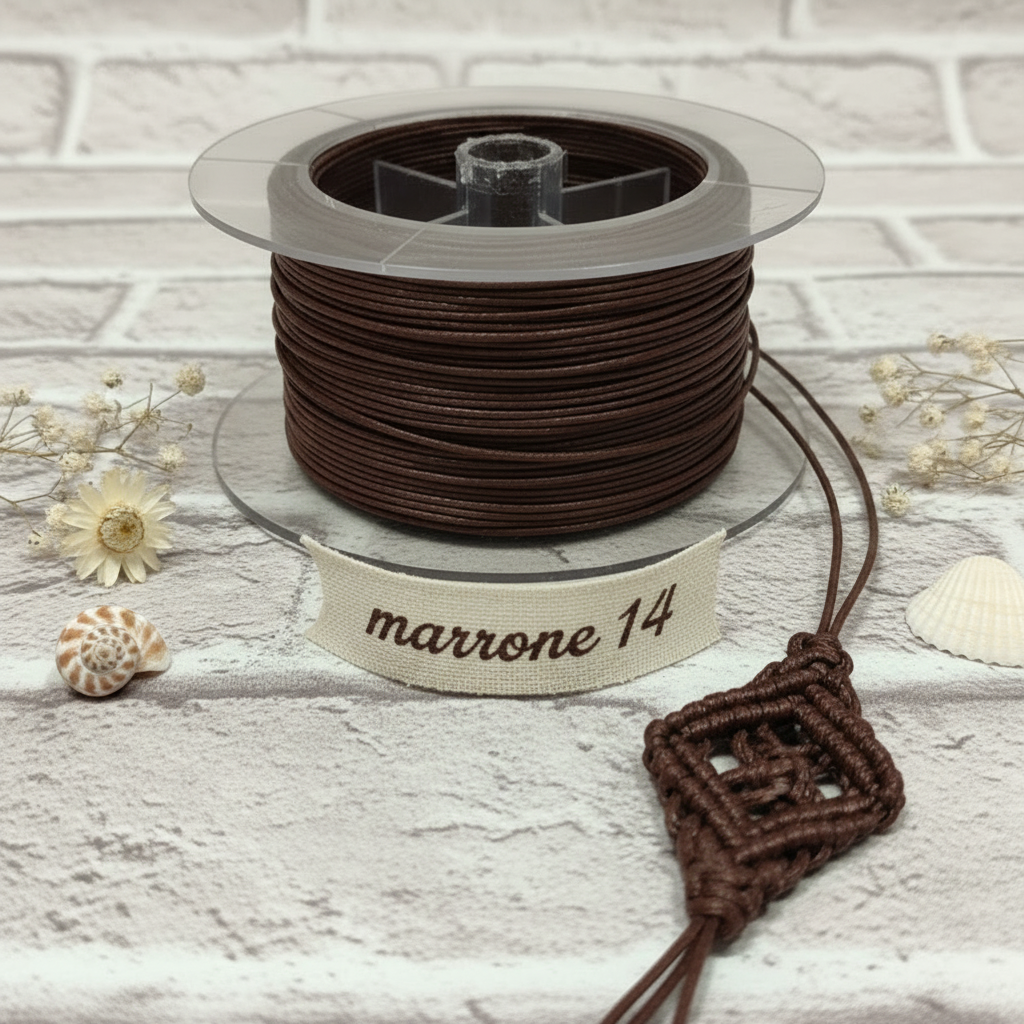 cordoncino cotone cerato colore marrone vendita rotolo cordini uso fai da te bijoux bigiotteria con ciondoli lavori creativi uncinetto laccio collane gioielleria nodi scoubidou collane conchiglia intreccio macramè