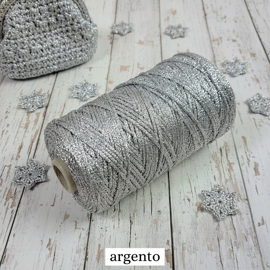 argento tre stelle tripolino thai cordino lurex brillantinato lamè per bijoux borse uncinetto progetti amigurumi crochet cordoncino Natale bags luccicanti dorate clutch pochette sera cerimonia
