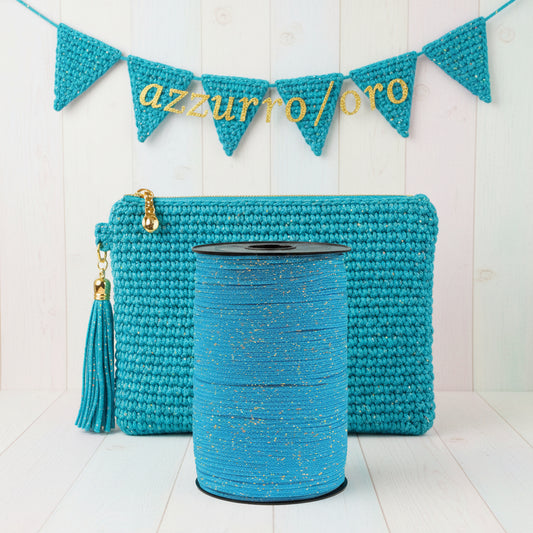 azzurro/oro borsetta con catenella nappina pochette tripolino thai cordino lurex brillantinato lamè glitter per bijoux borse uncinetto progetti amigurumi crochet cordoncino bags luccicanti dorate clutch sera cerimonia
