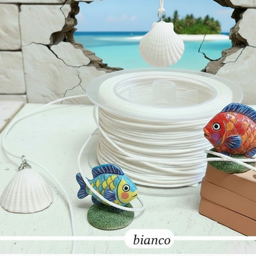 cordoncino cotone cerato bianco vendita rotolo cordini uso fai da te bijoux bigiotteria con ciondoli lavori creativi uncinetto laccio collane gioielleria nodi scoubidou collane conchiglia