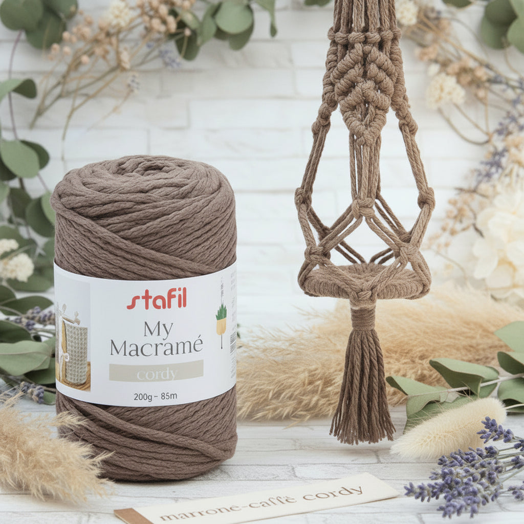 108075 Stafil cordy marrone caffè cordino macramè 4 mm filato corda  cotone intrecciato cordoncino per tende borse nodi marinari spago uso lavorazione a mano uncinetto di appendino portapiante