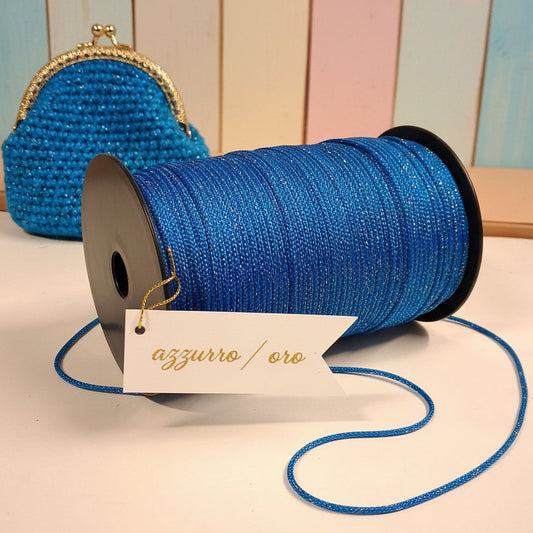 azzurro/oro cordino thai per pochette borse uncinetto borsellino cordoncino estivo con filo lamè lurex dorato