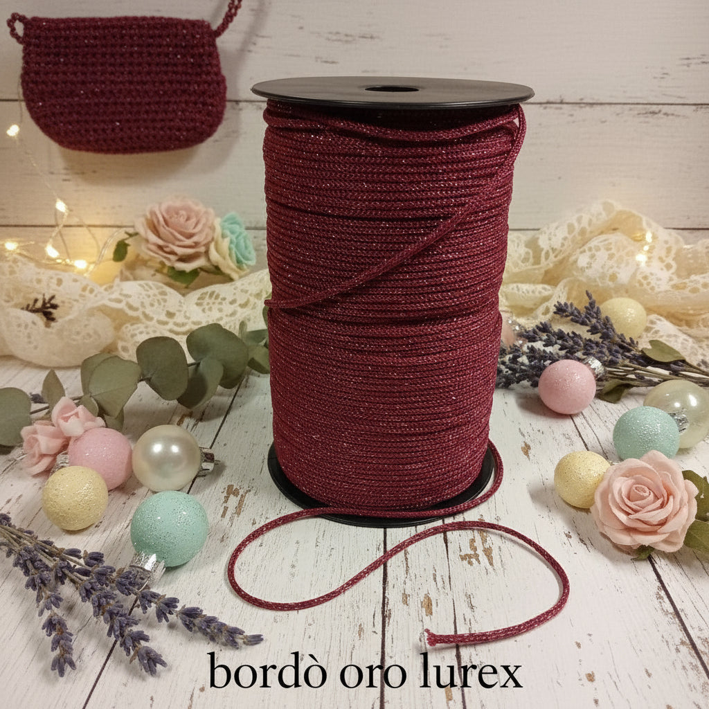 bordò tripolino thai cordino lurex brillantinato lamè glitter per bijoux borse uncinetto progetti amigurumi crochet cordoncino Natale bags luccicanti dorate clutch pochette sera cerimonia