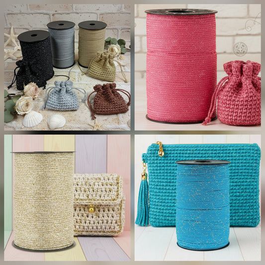 rosa argento, crema oro, azzurro oro, nero argento marrone oro esempio borsetta con catenella tripolino thai cordino lurex brillantinato lamè glitter per bijoux borse uncinetto progetti amigurumi crochet cordoncino bags luccicanti dorate clutch pochette sera cerimonia