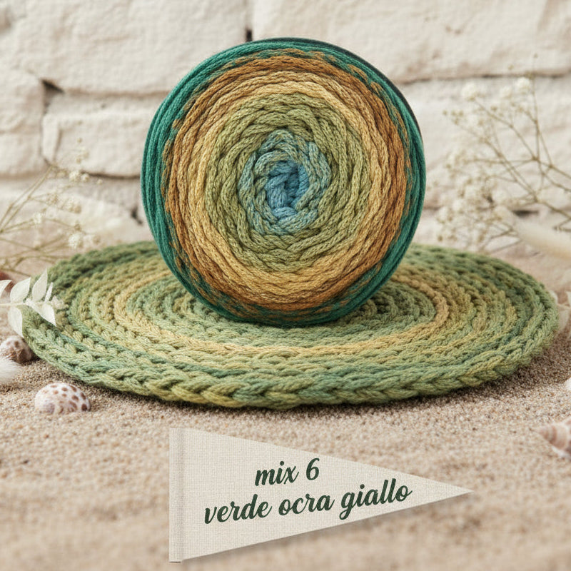 verde ocra giallo cotone green riciclato 70% My Macramè Stafil maxi gomitolo 250 g circa 220 metri spessore 2 mm corda sfumato cordino per uncinetto 5-6 