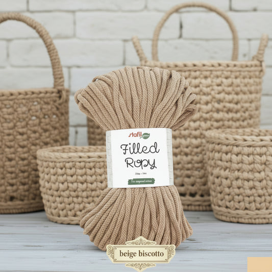 beige biscotto stafil green 250 g 50 metri filled ropy filato uncinetto corda intrecciata cotone riciclato cordoncino macramè crochet rope uso borse cestino