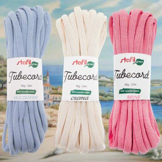 crema celeste azzurro rosa cordoncino tubolare corda vuota da riempire di filo modellabile tubecord stafil green tricotin pronto per creare scritte nomi decorazioni fiori farfalle