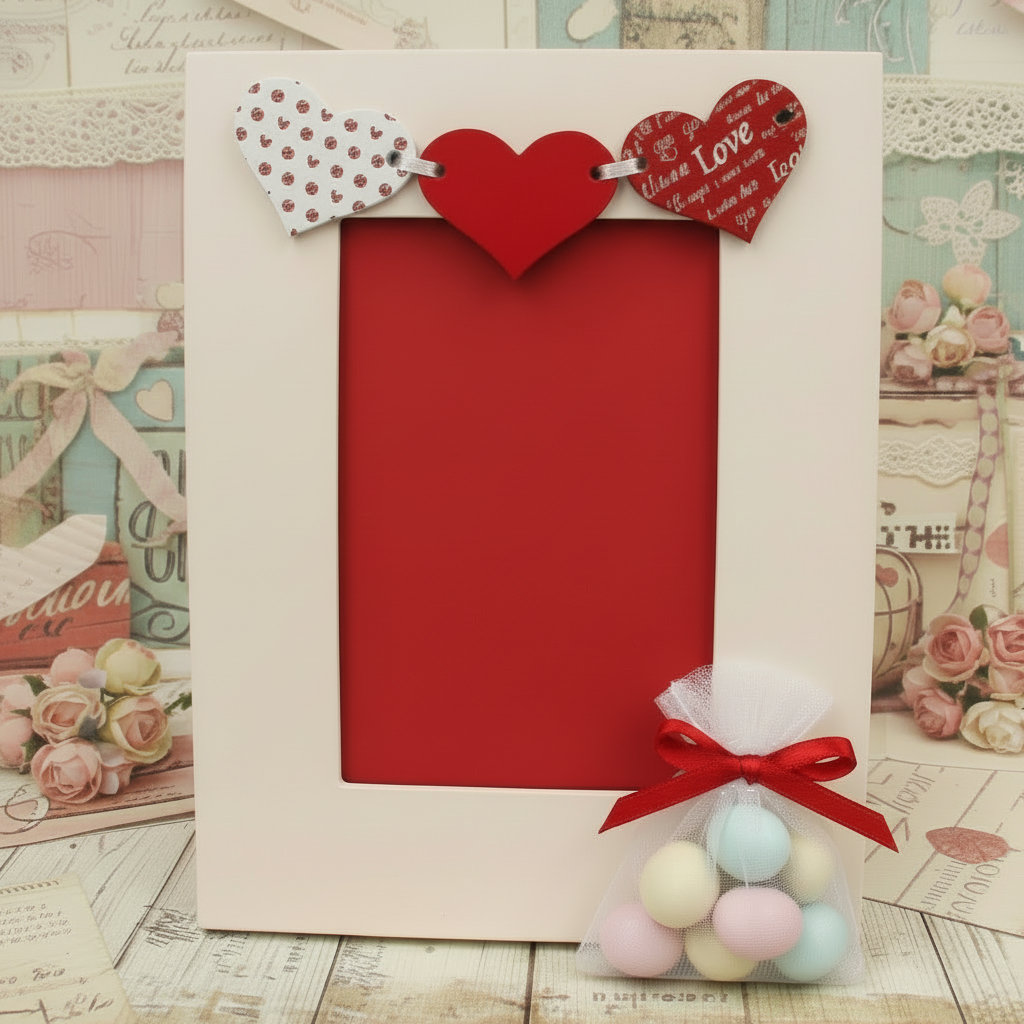 confezione confetti e cornice portafoto san valentino di mdf con cuori applicazione idea regalo bomboniere matrimonio
