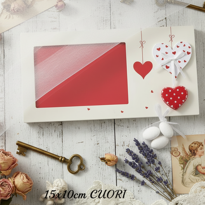 cornice rettangolare portafotografie larga alta confezionata confetti e tulle come bomboniera di san valentino