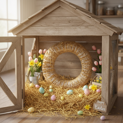 ambiente pollaio happy easter ghirlande forma coroncina basi di paglia naturale fieno cerchi anelli uso fai da te lavoretti creativi decorazioni addobbi pasquali e natalizi idea vetrina allestimento rustico country shabby